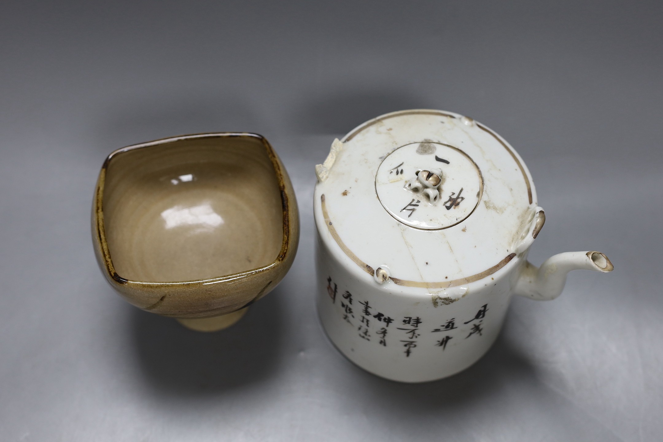 A Chinese Republic period teapot, a famille rose barrel and cover, a famille verte saucer, porcelain duck, pottery stem bowl and a resin model of Shou Lao